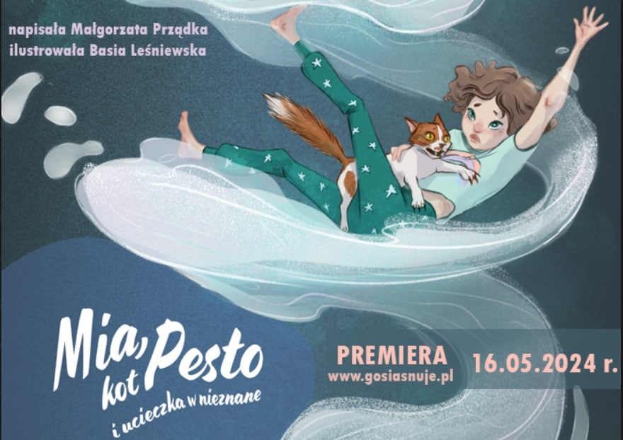  „Mia, kot Pesto i ucieczka w nieznane" Magorzaty Przdki grafika promujca ksik